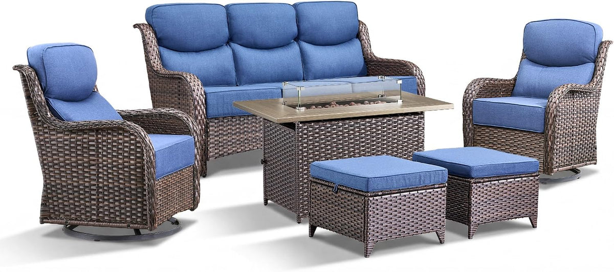 Luxury Patio Furniture Set with Fire Pit Table-6 Pieces All Weather Outdoor Swivel Rocker Chairs with Sofa and Ottomans. Outdoors Patio Conversation Sets for Porch Deck Garden Backyard(Brown/Blue)