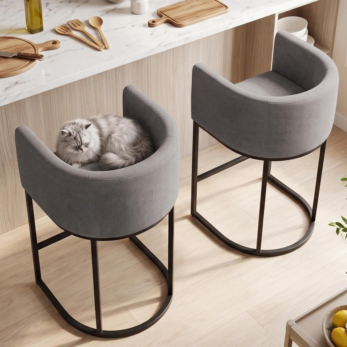 26" H Counter Height Bar Stools Set of 4, Modern Barrel Counter Stools with Backrest and Arms, Linen Fabric Upholstered Accent Barstools for Kitchen Island,Support 450 LBS (Gray)