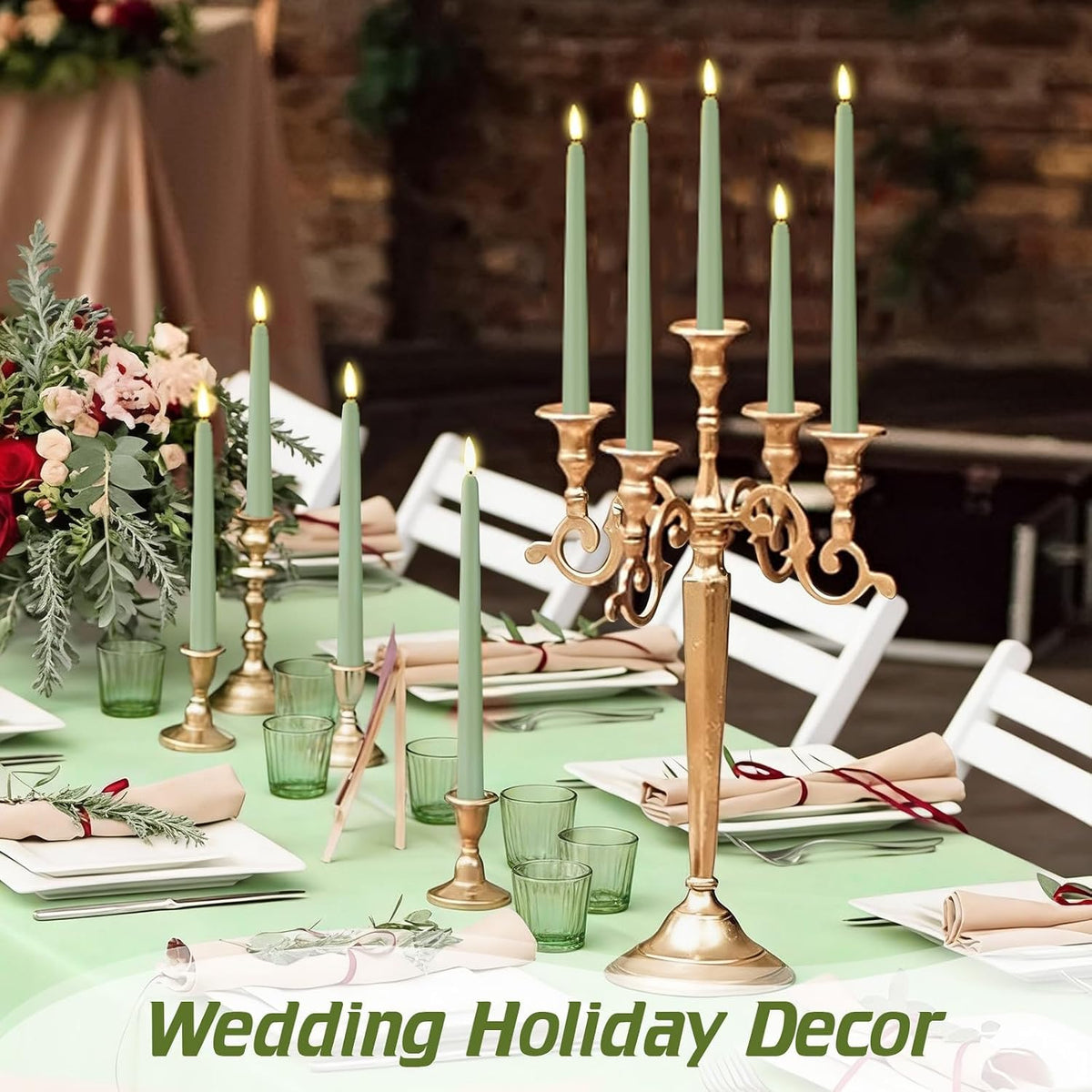 Rossesay 48 Pcs Flameless LED Taper Candles Battery Operated Candles 4 Sizes of 8.5'', 9.65'', 10.83'', 12.8'' Flameless Candlesticks Flickering for Halloween Christmas Church Wedding(Sage Green)