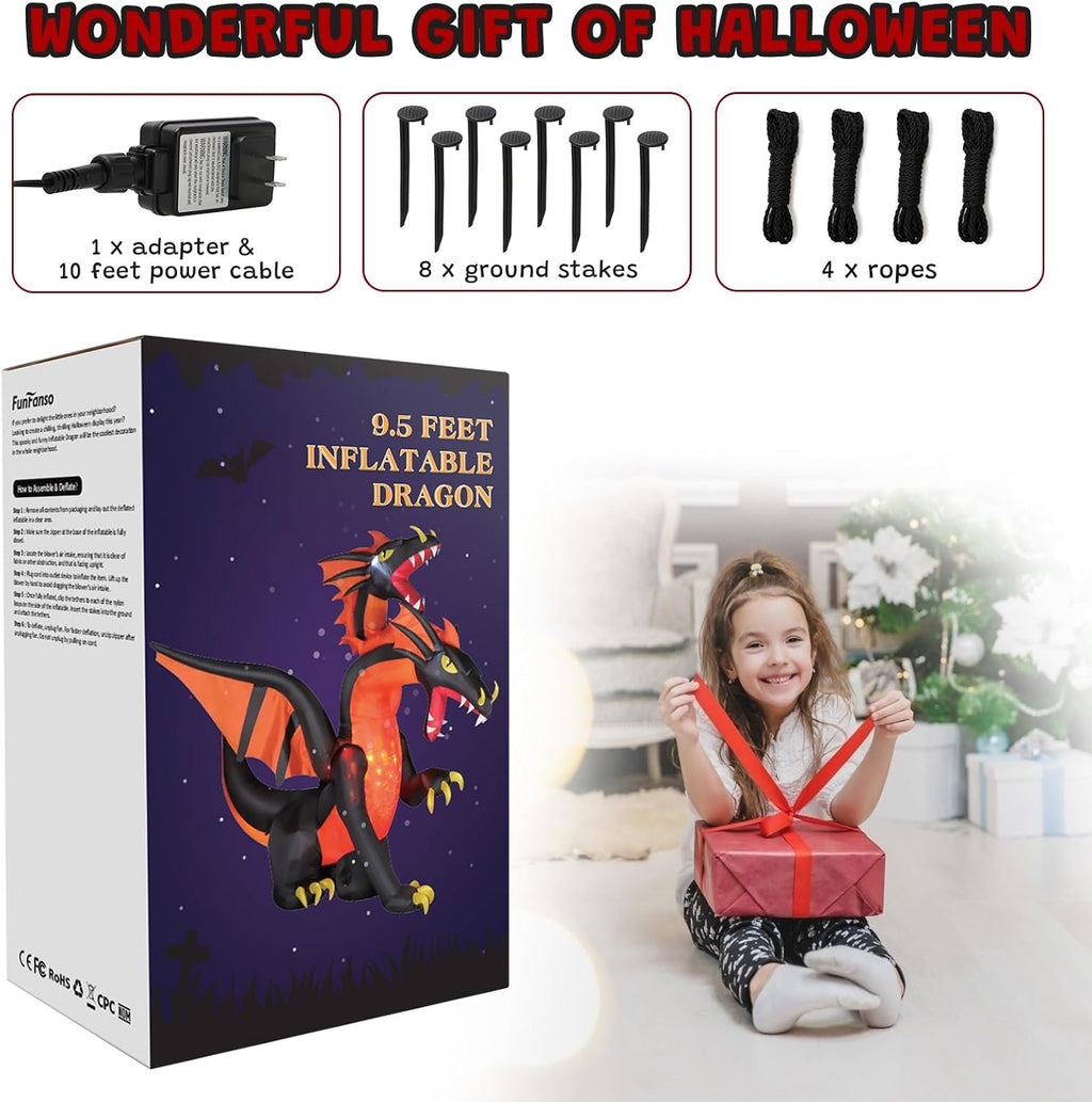 FunFanso 9.5 FT Giant Halloween Inflatable Double Headed Dragon, Blow up Festival Yard Outdoor Decorations with Built-in Bright LED Lights for Garden Lawn Garden Patio Holiday Party Decor