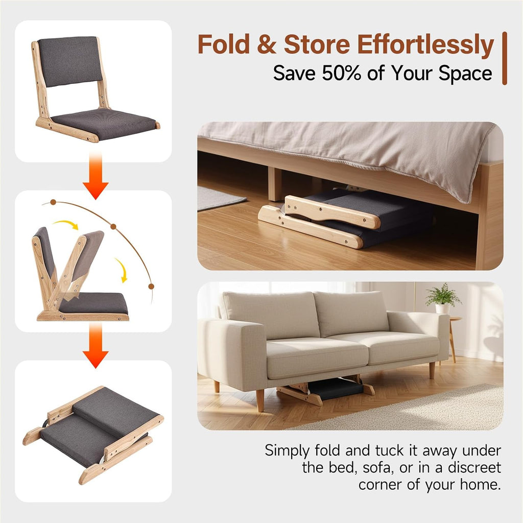 Tiita 2-Pack Foldable Meditation Floor Chairs, Back Support, Wood Dark Grey