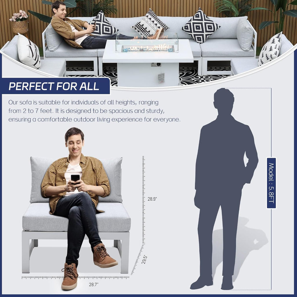 BULEXYARD 7 Piece Aluminum Patio Furniture Set with Fire Pit Table, White