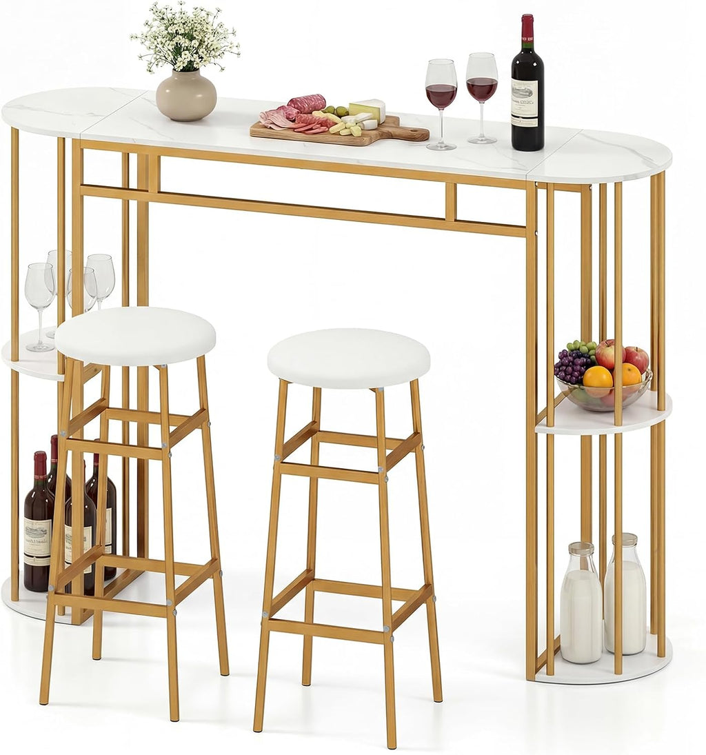 COSTWAY Bar Table Set for 2 with Storage Shelves, Bar Height Dining Set