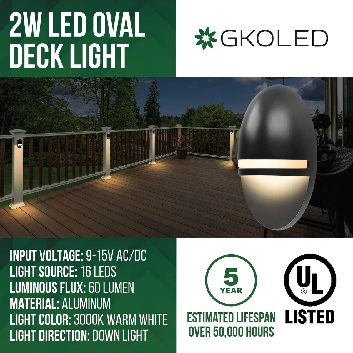 GKOLED 2-Pack Low Voltage LED Post Light, Outdoor Waterproof Landscape Deck Lights with 2W Integrated LED Chips, 9-15V AC/DC, 3000K, Die-cast Aluminum, Matte Black Powder Coated Finish