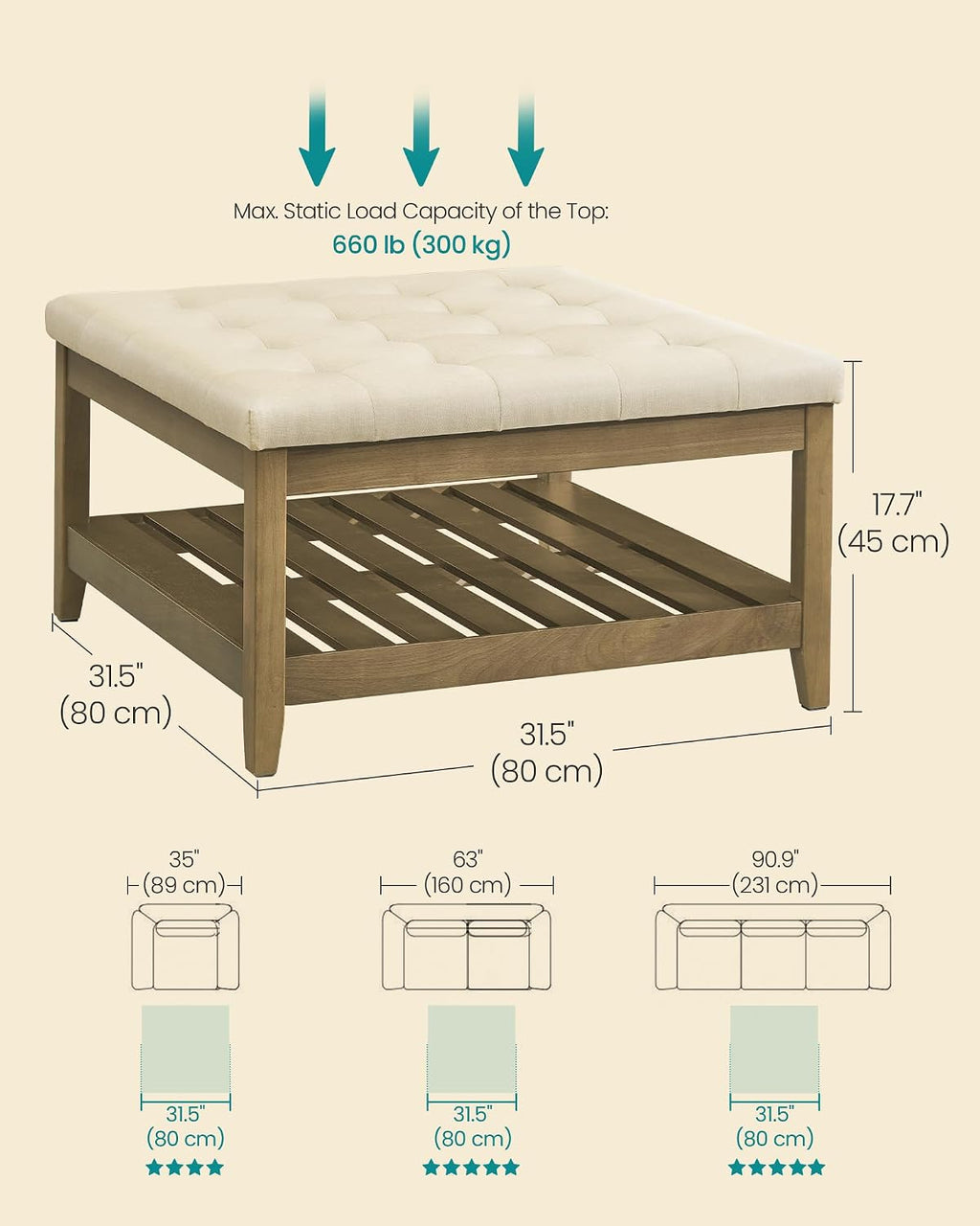 SONGMICS Storage Ottoman with Solid Wood Frame, 31.5 x 31.5 x 17.7 Inches