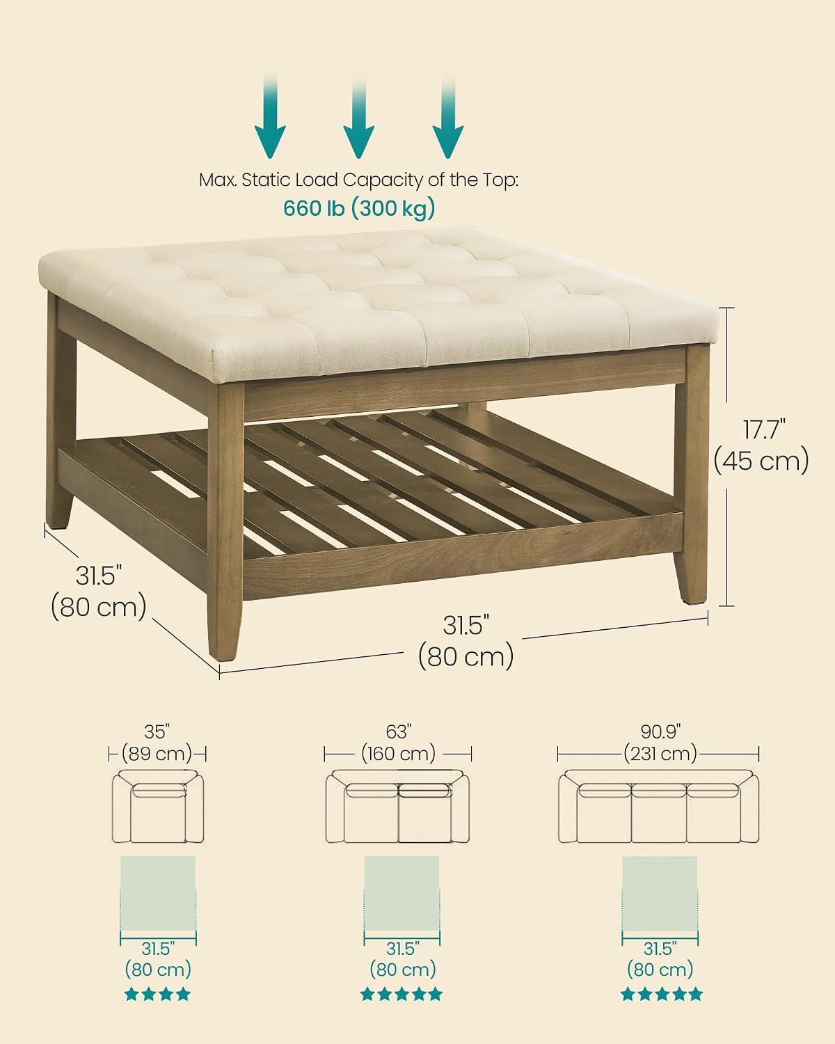 SONGMICS Storage Ottoman with Solid Wood Frame, 31.5 x 31.5 x 17.7 Inches