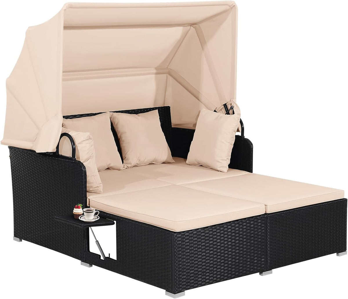 HAPPYGRILL Outdoor Wicker Lounge Daybed, Hand-Woven PE Rattan Daybed, Patio Loveseat Sofa Set with Retractable Canopy & 2 Side Tables, Outdoor Sun Lounger with Soft Cushions (Beige)