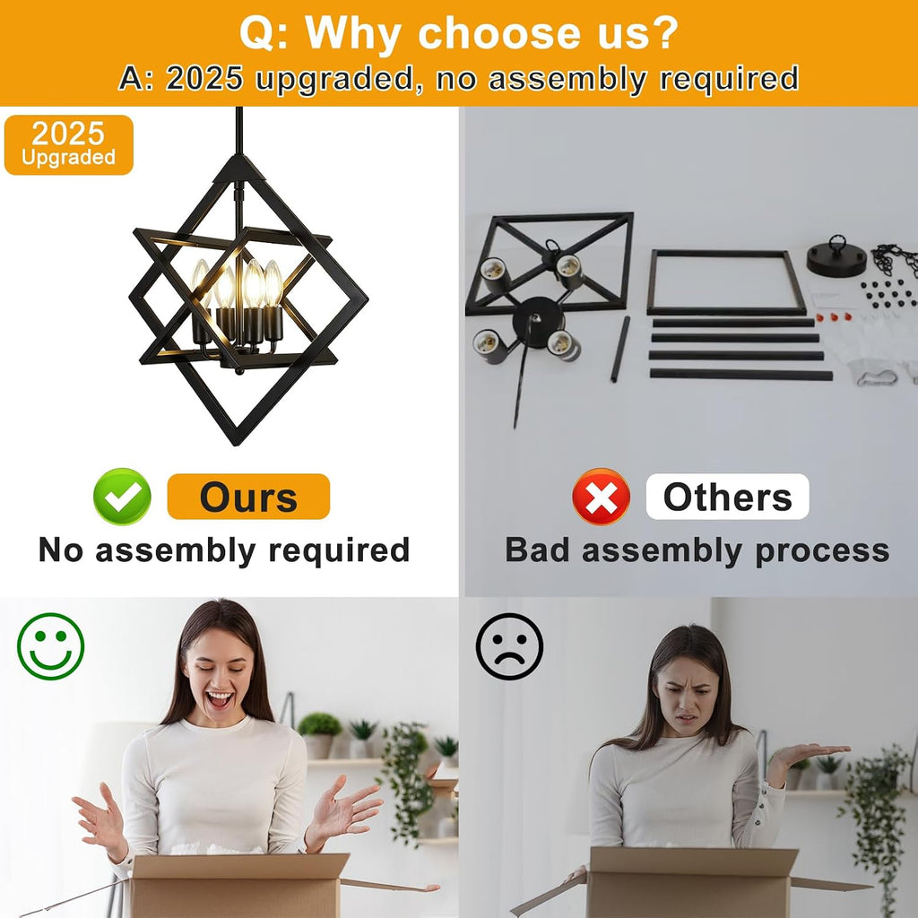 18" Modern Black Chandelier for Dining Room, No Assembly Required 4-Light Dining Room Light Fixture Over Table, Industrial Metal Hanging Pendant Lights Fixture for Kitchen Island, Entryway, Foyer