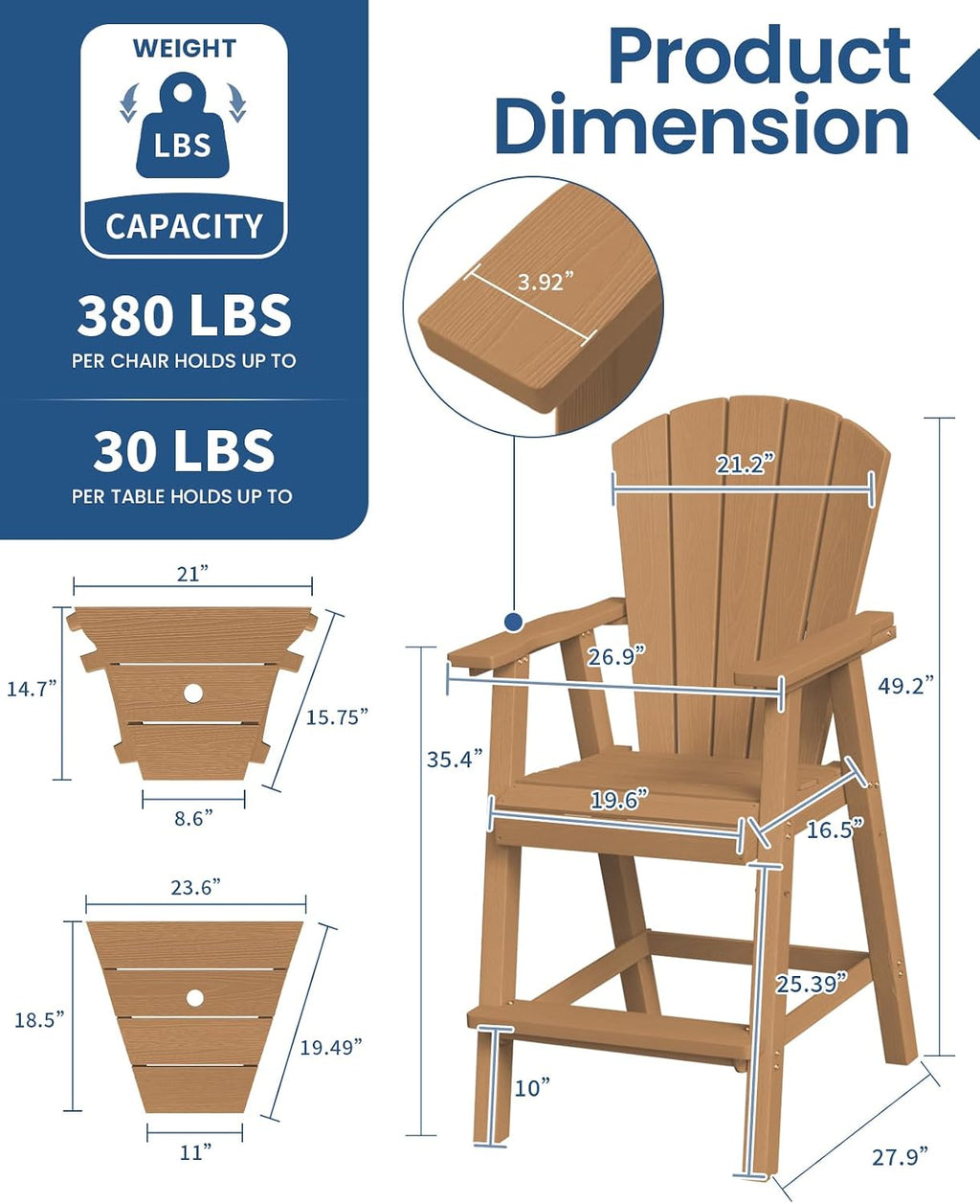 Ciokea Tall Adirondack Chairs Set of 2 with Connecting Trays, Teak