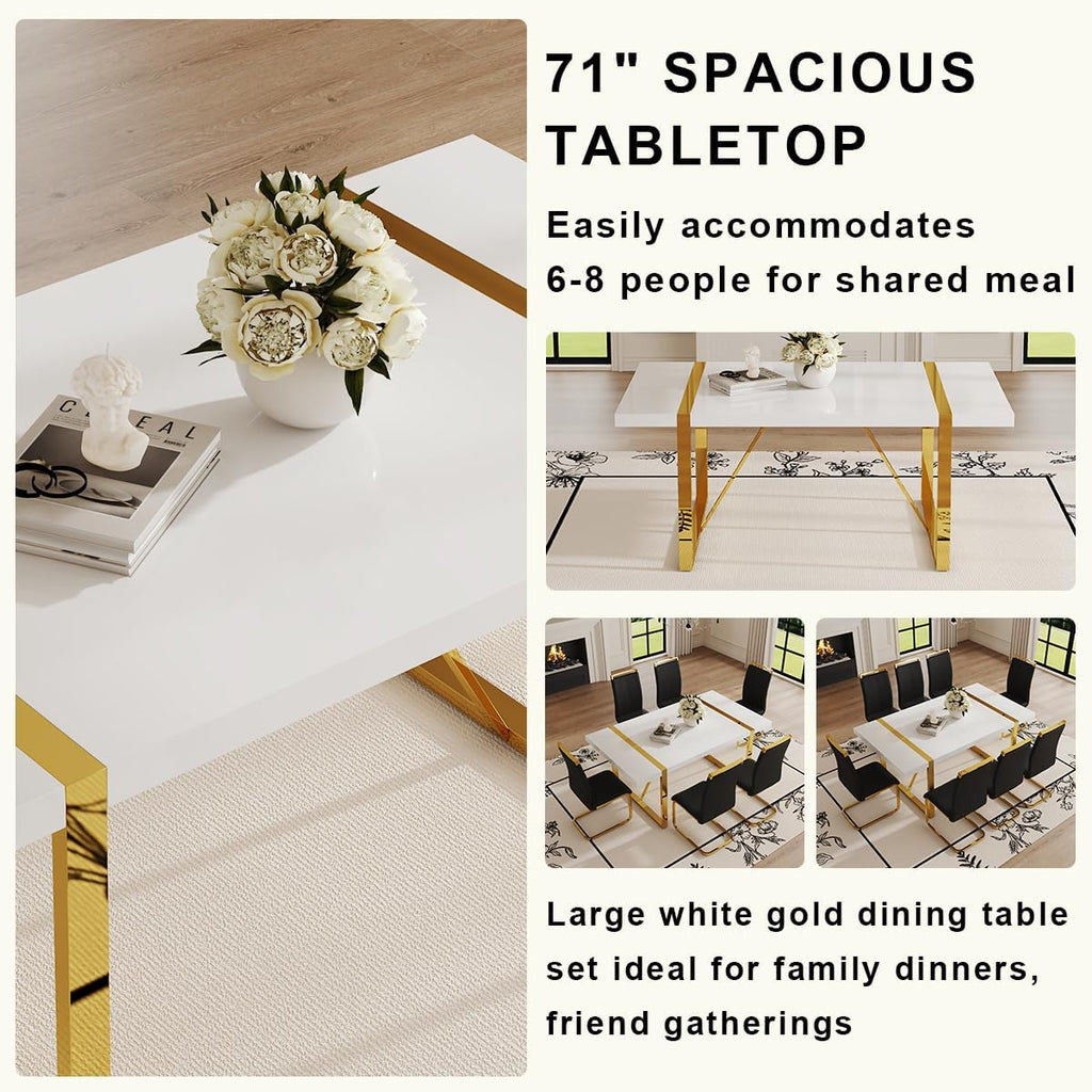 Ebullient 71“ White Dining Table, Modern Dining Room Table for 6-8, Kitchen Table with MDF Top and Gold Stainless Steels Legs, Rectangular Dining Table for Home Living Room