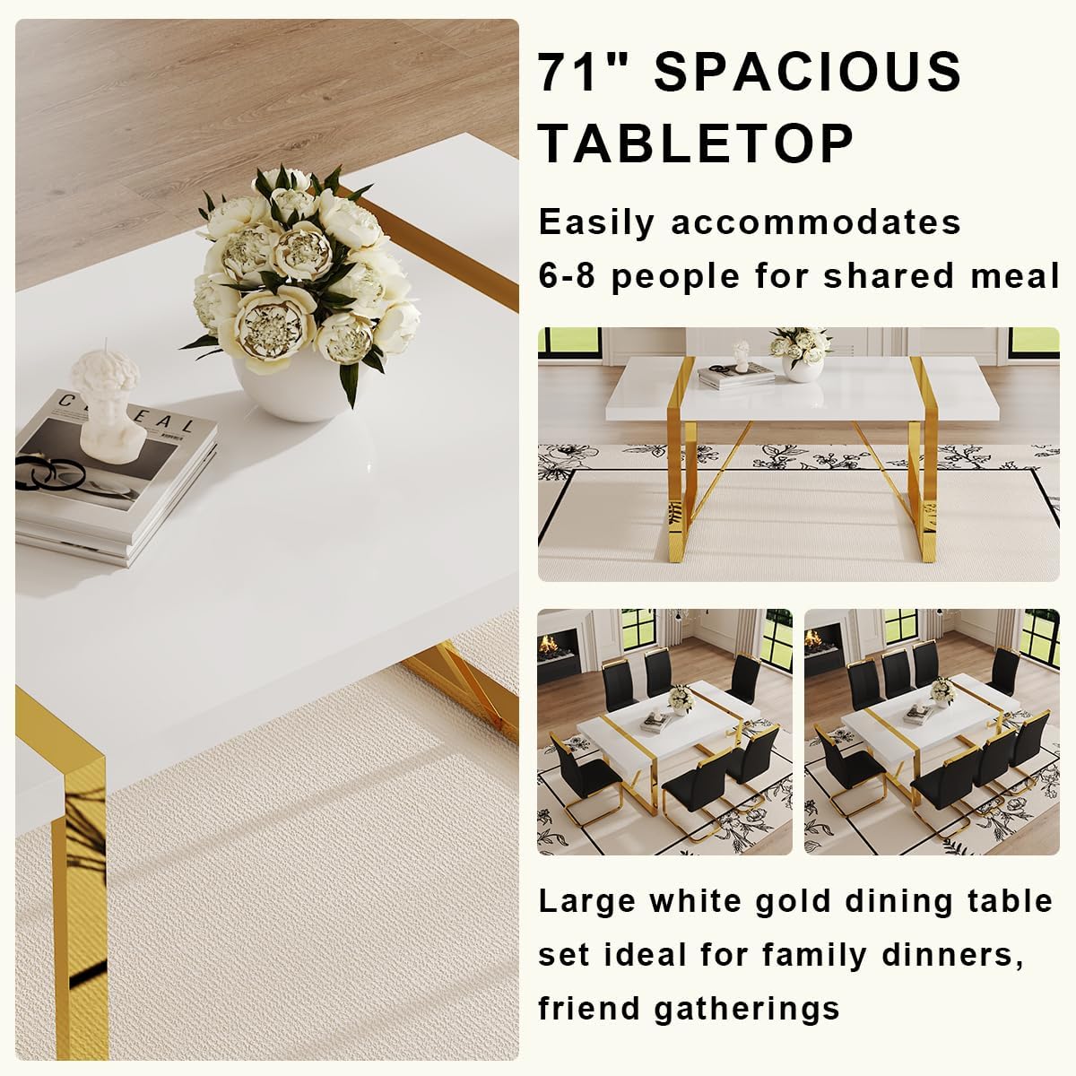 Ebullient 71“ White Dining Table, Modern Dining Room Table for 6-8, Kitchen Table with MDF Top and Gold Stainless Steels Legs, Rectangular Dining Table for Home Living Room