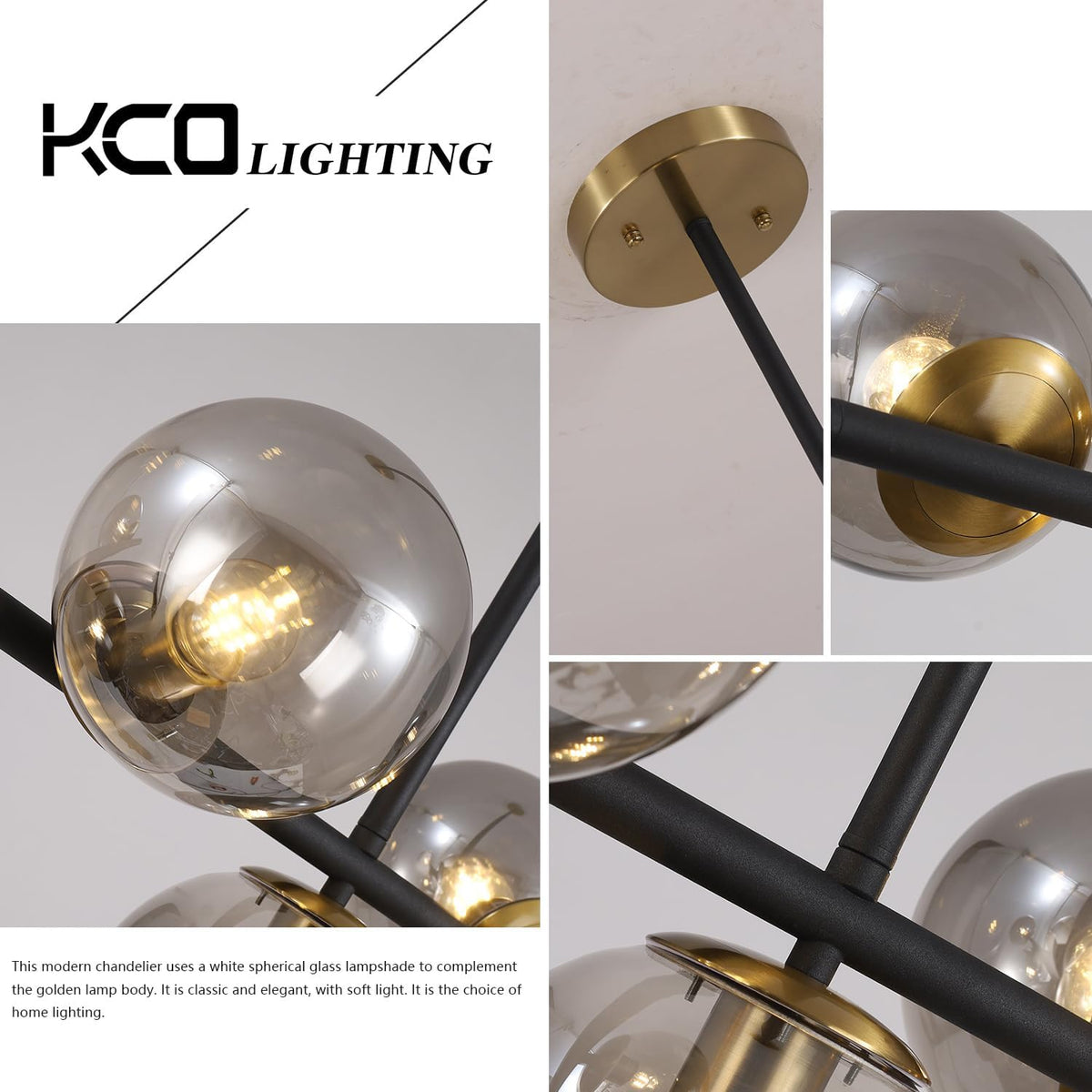 kco 7-light mid century modern black brass gold, front angle view