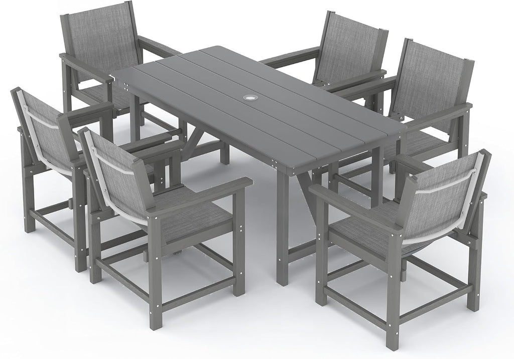 7 Pcs HDPE Outdoor Dining Set for 6 Patio Umbrella Hole Table and Chair Set