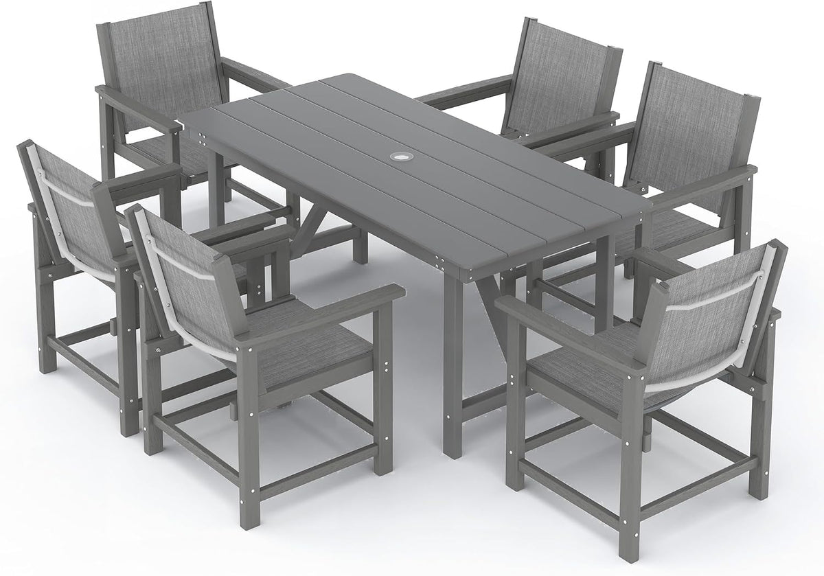 7 Pcs HDPE Outdoor Dining Set for 6 Patio Umbrella Hole Table and Chair Set