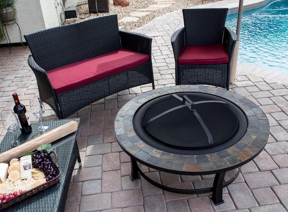 Hiland FT51216 Burning Fire Pit w/Wood Grate and Domed Mesh Screen Lid, Medium, Stone