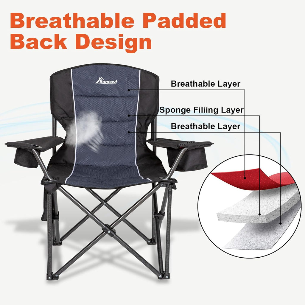 Romswi Oversized Camping Chairs,Heavy Duty Support 500 LBS,Padded Back & Arm Sport Chairs, Cup Holder Cooler Bag, Collapsible Folding Chairs for Outdoor, Fishing & Garden, Black,2-Pack