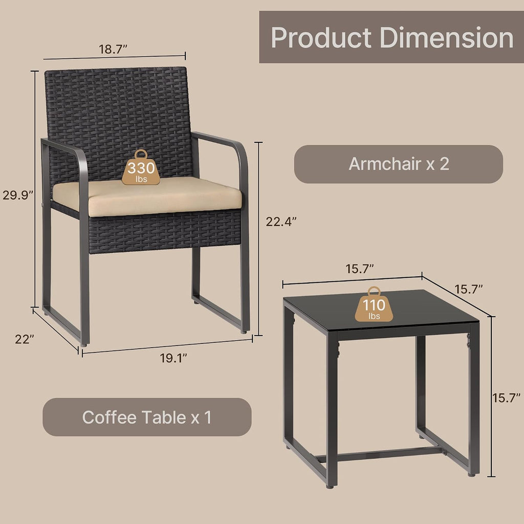 Gizoon 3 Pieces Patio Furniture Sets, Cushion-Beige