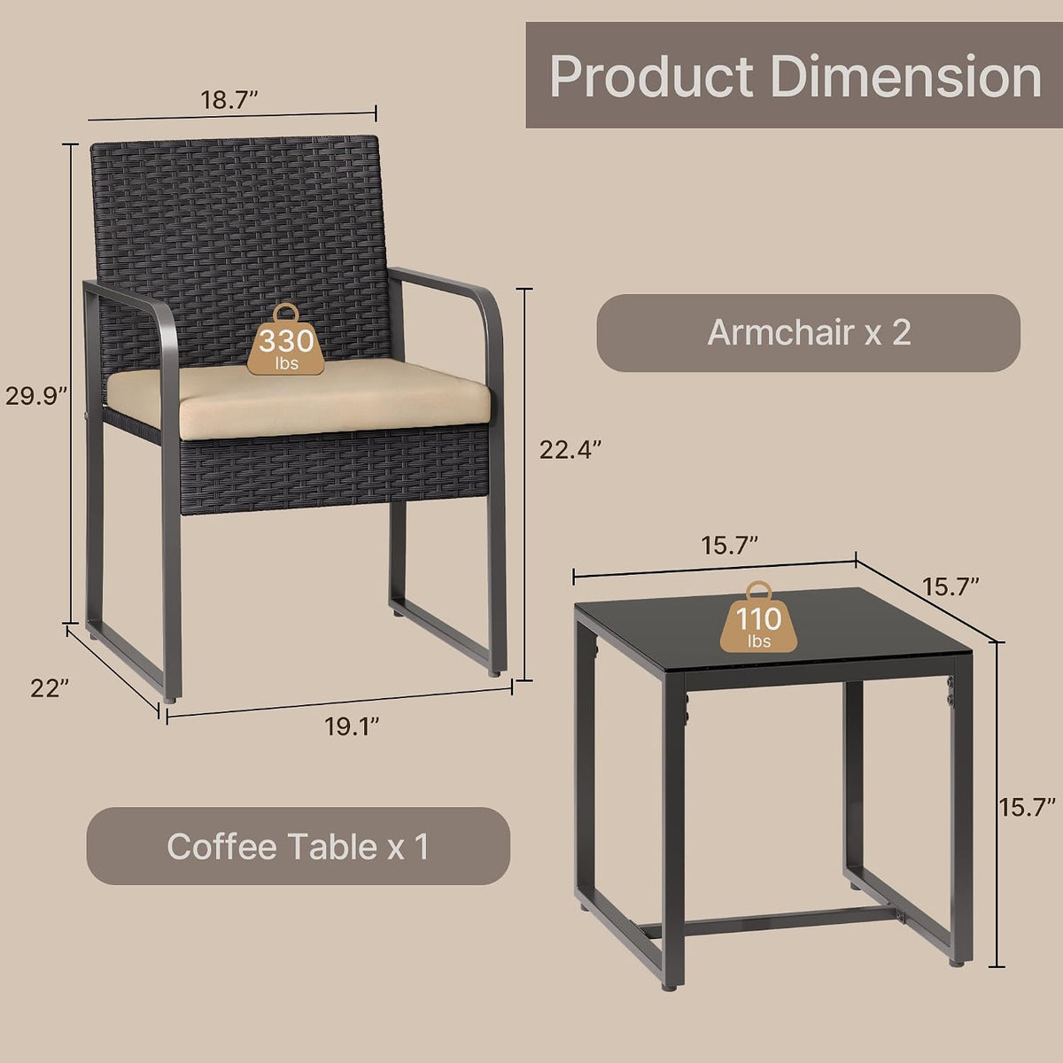 Gizoon 3 Pieces Patio Furniture Sets, Cushion-Beige