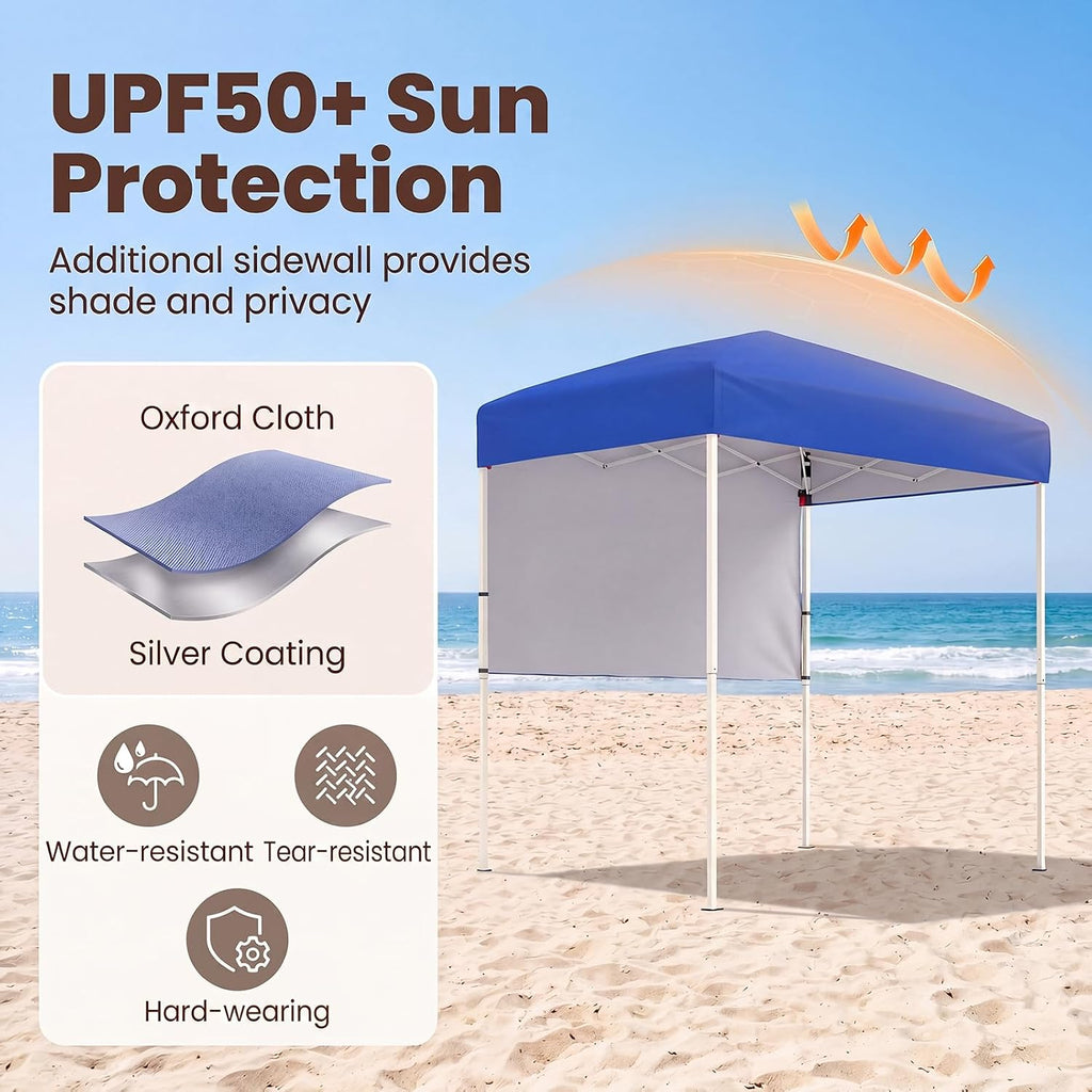 Goplus 6 x 4 FT Pop Up Canopy, UPF50+ Easy Setup Tent w/ 1 Half Sidewall, Silver-Coated Top, Foldable Outdoor Gazebo w/Carrying Bag, Sun Shelter Tent for Events, Sports, Camping, Markets (Blue)