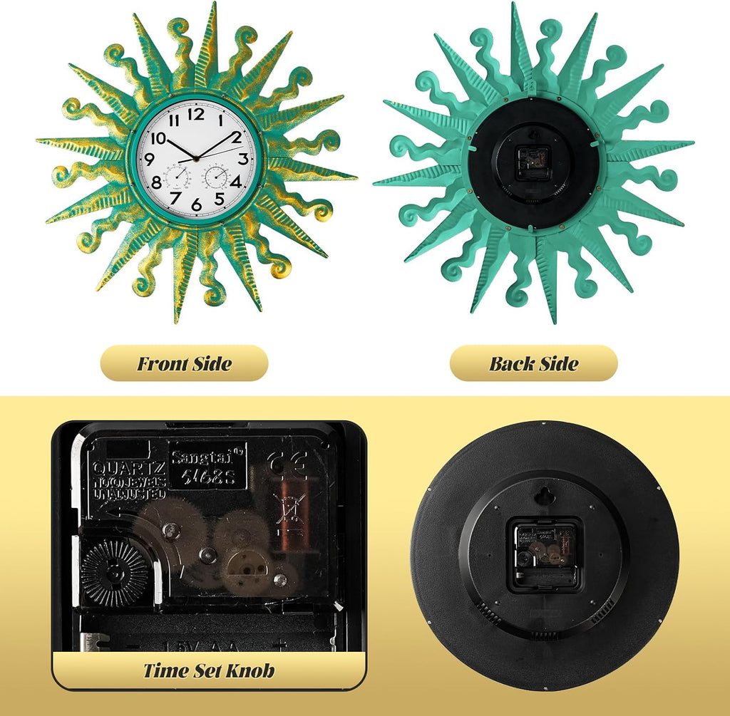 25-Inch Sun-Shaped Outdoor Clock and Thermometer Set Golden
