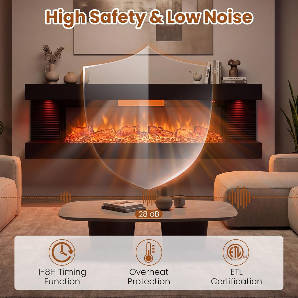 ORALNER 3 Sided Wall Mount Electric Fireplace w/ 50" Floating Mantel, Black