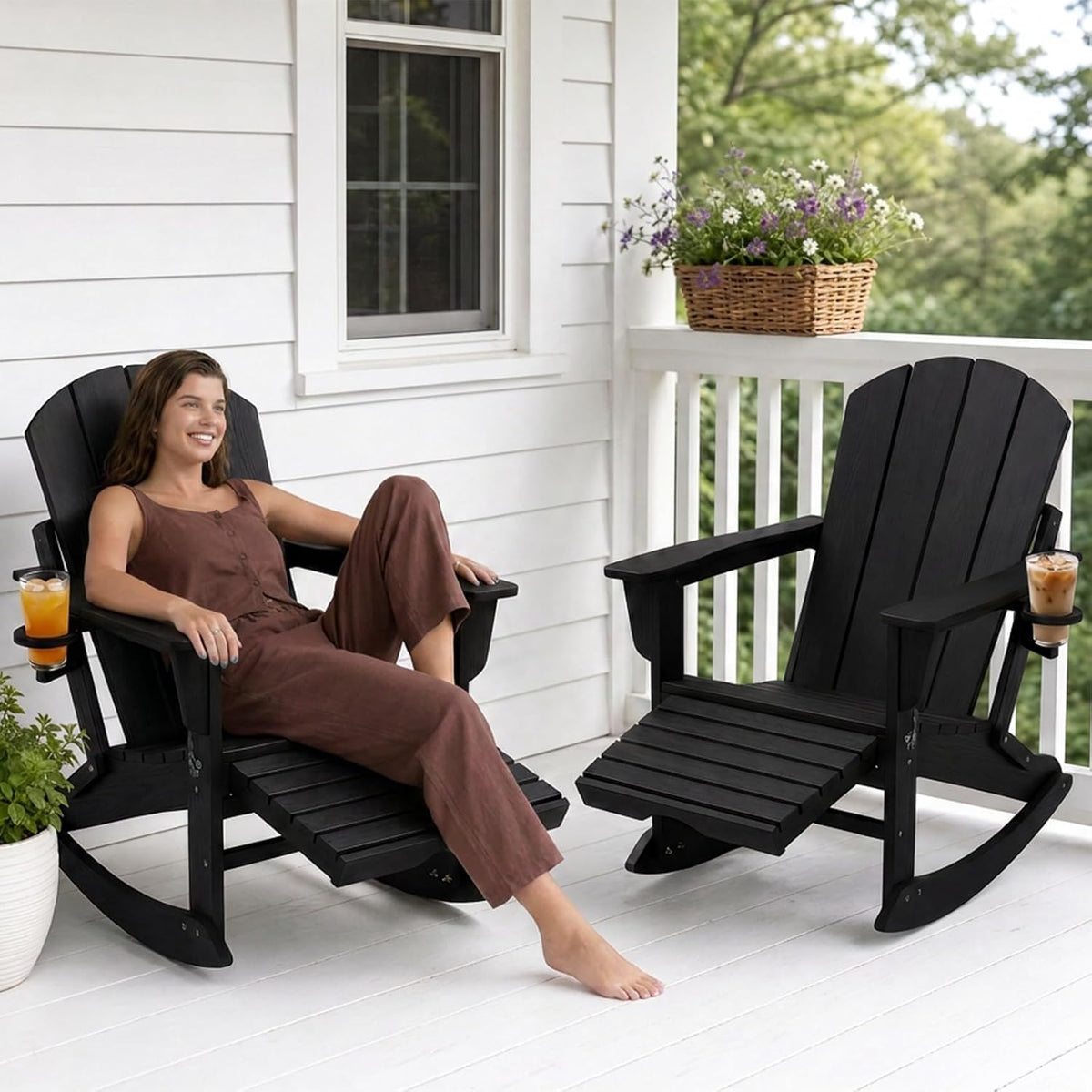 PASAMIC Adirondack Rocking Chairs Set of 2, Foldable All-Weather HDPE Patio Rockers with Retractable Ottoman & Cup Holder, Outdoor Chairs for Porch Backyard Pool Garden Balcony, Ebony Black