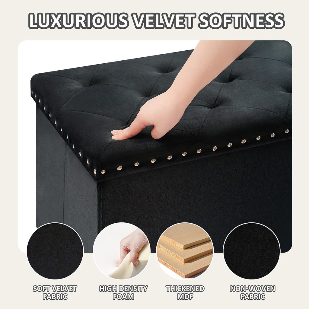 PINPLUS Folding Storage Ottoman Bench, Black Velvet