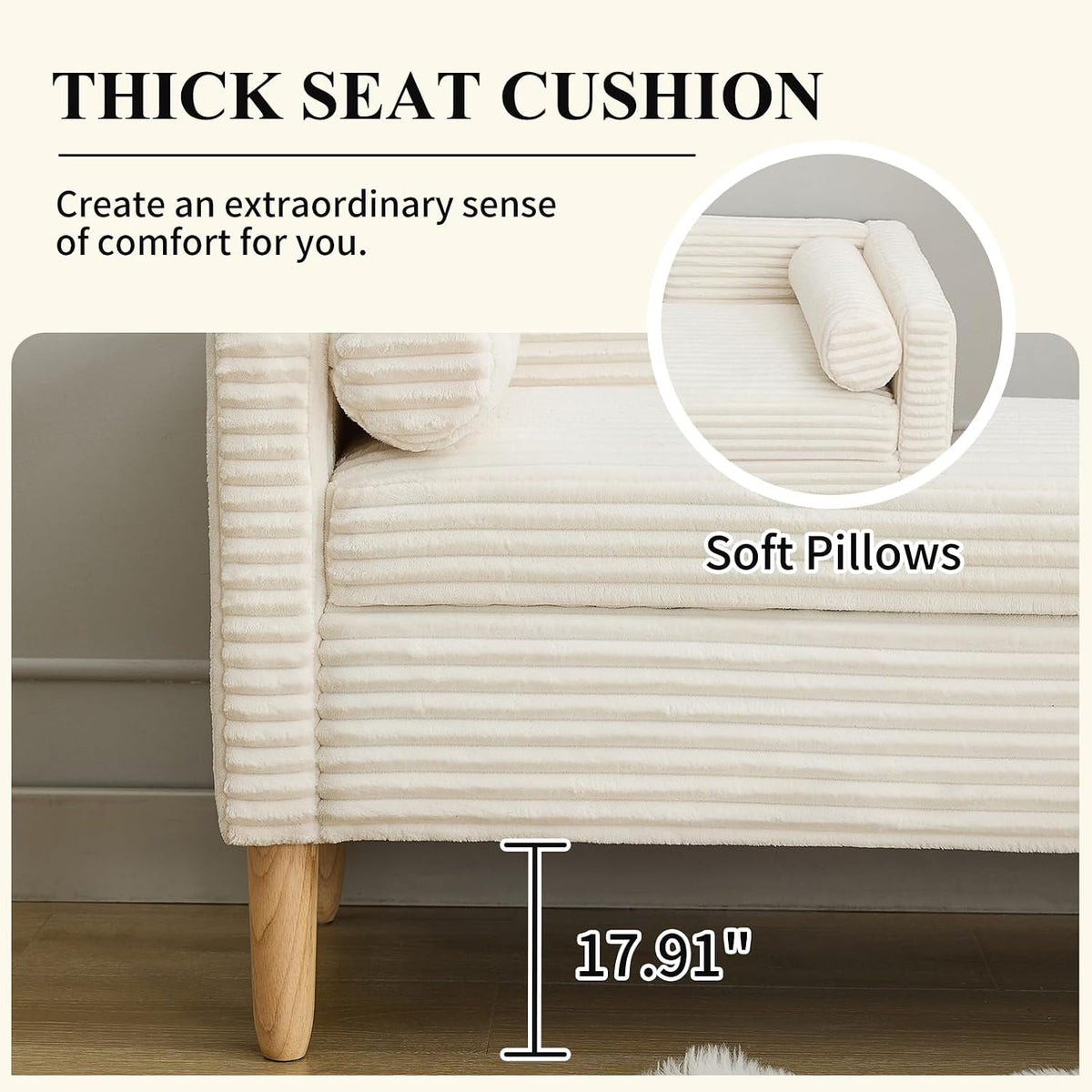 NIOIIKIT 65" Corduroy Upholstered Storage Ottoman Bench with Pillows White