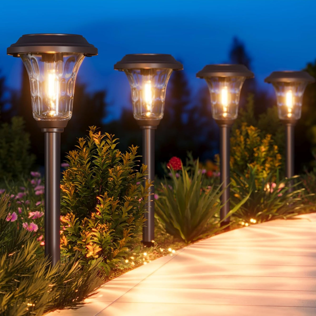 XMCOSY+ Solar Pathway Lights 4 Pack, Metal Glass Solar Garden Light Outdoor