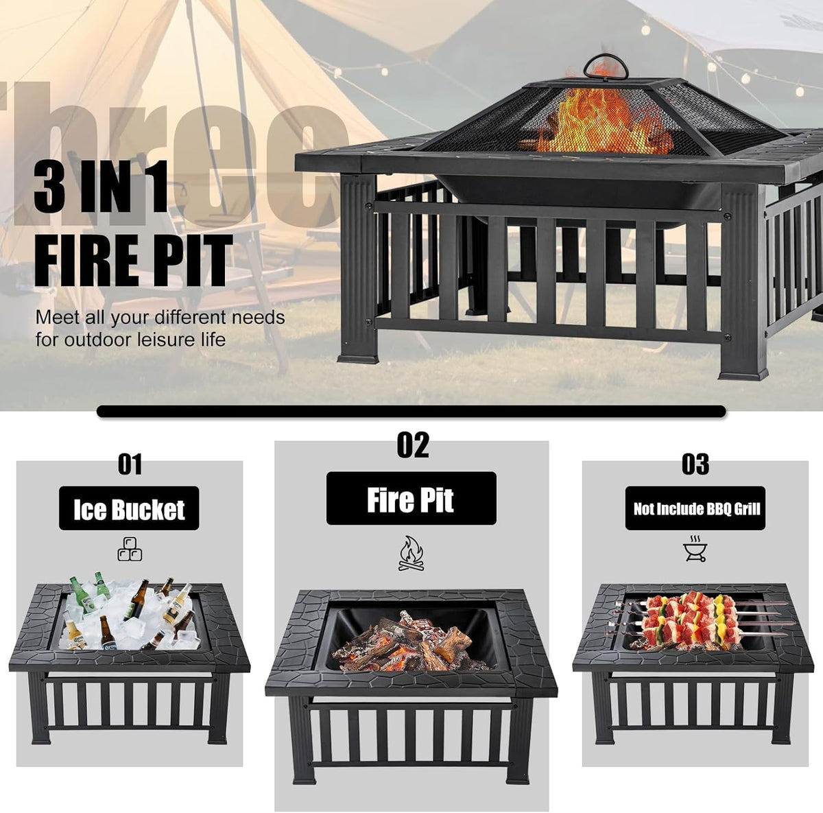 Panovue Fire Pit Table 32 Inch Square Metal Stove for Patio, Backyard