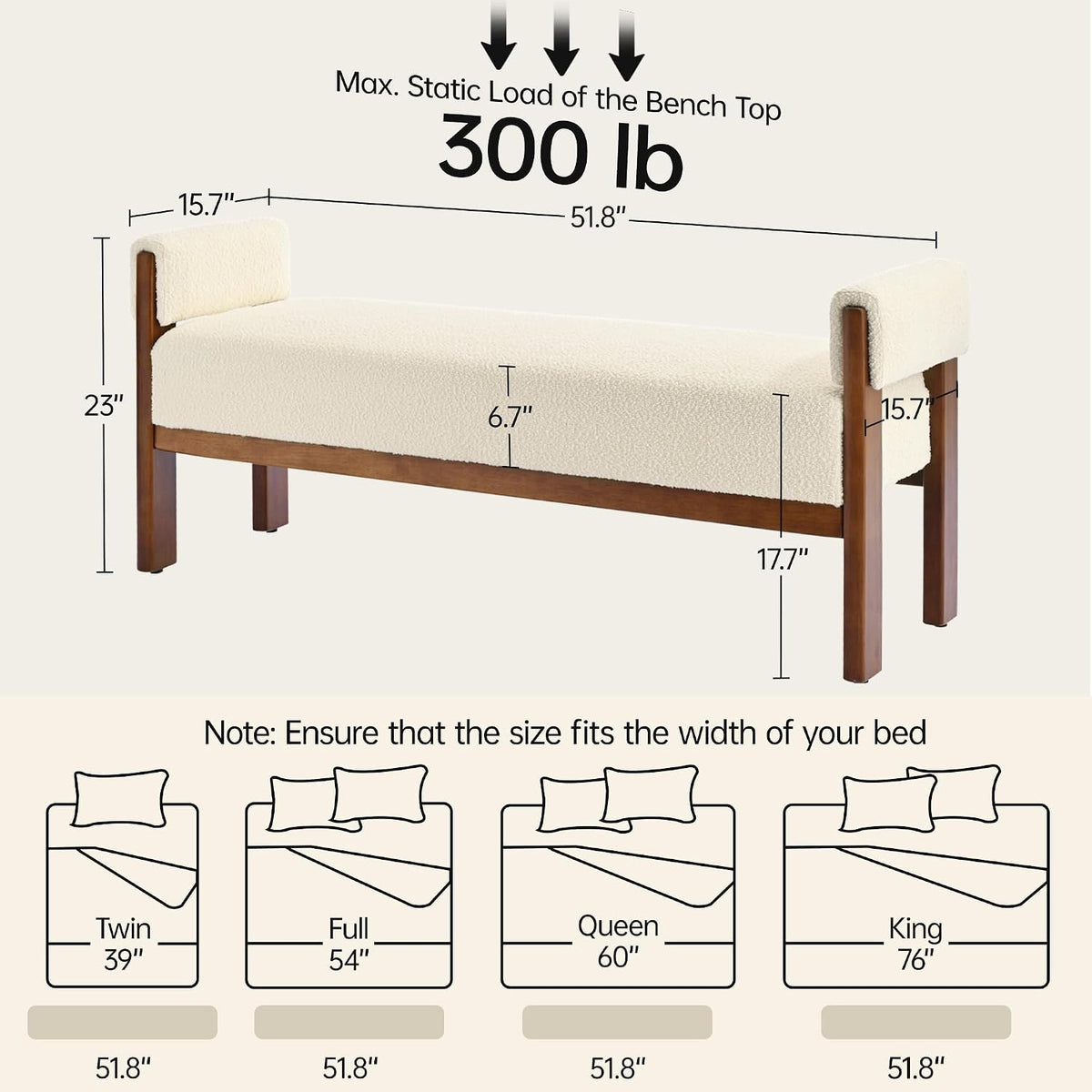 VKNOW 51.8”End of Bed Bench Upholstered Bedroom Bench with Arms, Beige