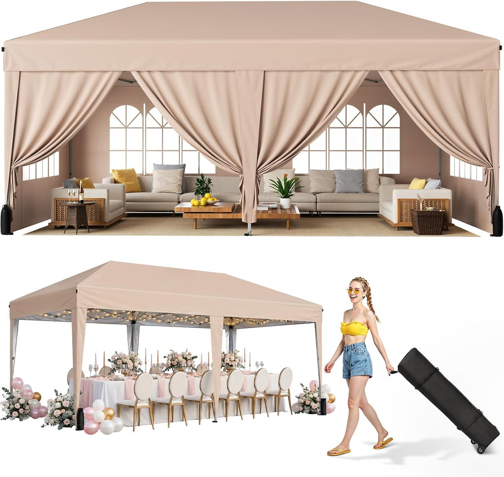 10x20 FT Pop Up Canopy Tent with 6 Sidewalls,Beige