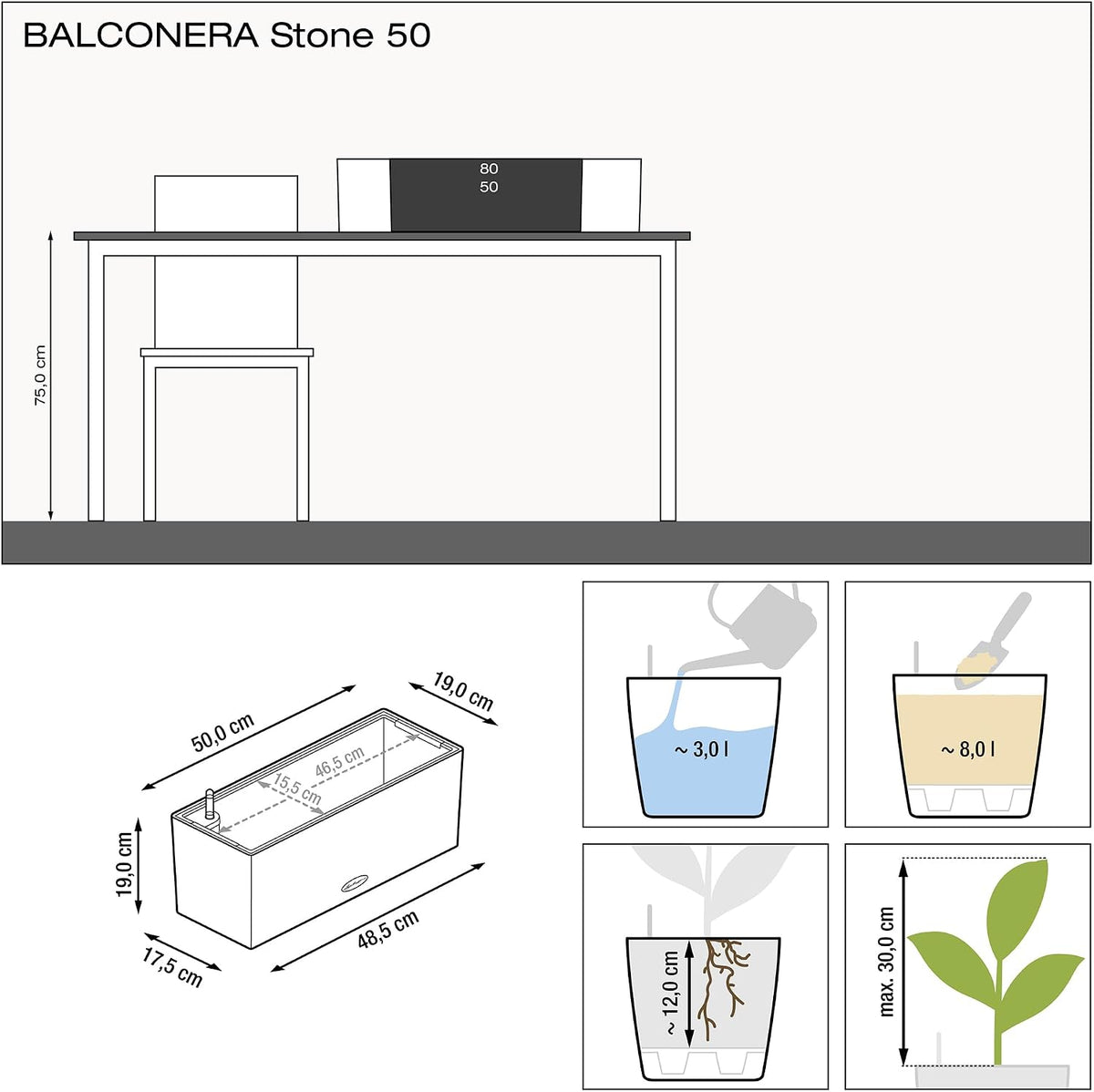 Lechuza BALCONERA Stone 50 Quartz White, Self-Watering Window Box (Railing Planter), H7.5 L19.7 W7.5 in