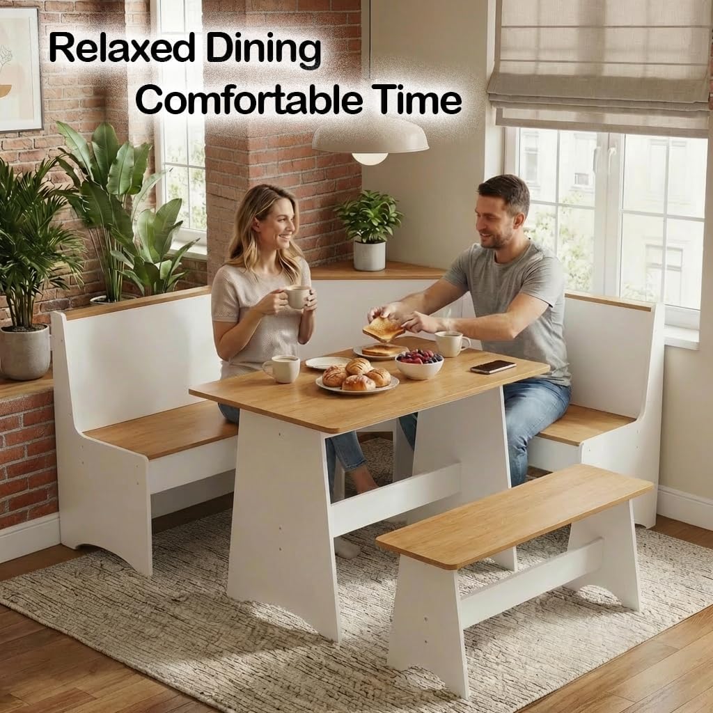 Farmhouse Breakfast Nook Table Set, Dining Nook Set with Corner Bench,with Storage Function Mid Century Modern Small Dining Table Set, Kitchen Table Corner Set (White + Natural)
