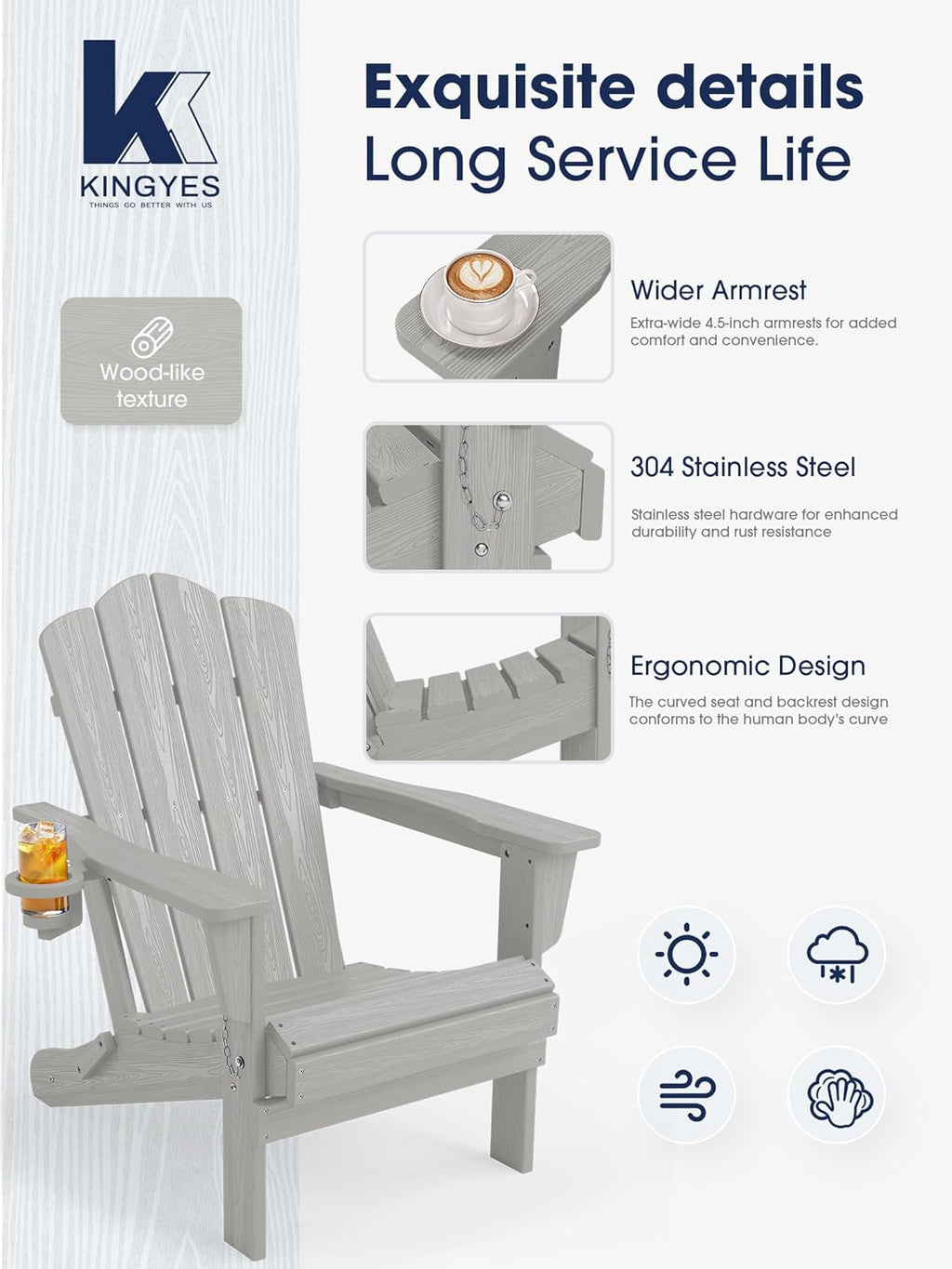 KINGYES Folding Adirondack Chair Set of 6 with Cup Holder, Silver Grey