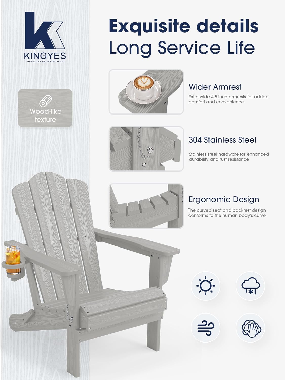 KINGYES Folding Adirondack Chair Set of 6 with Cup Holder, Silver Grey