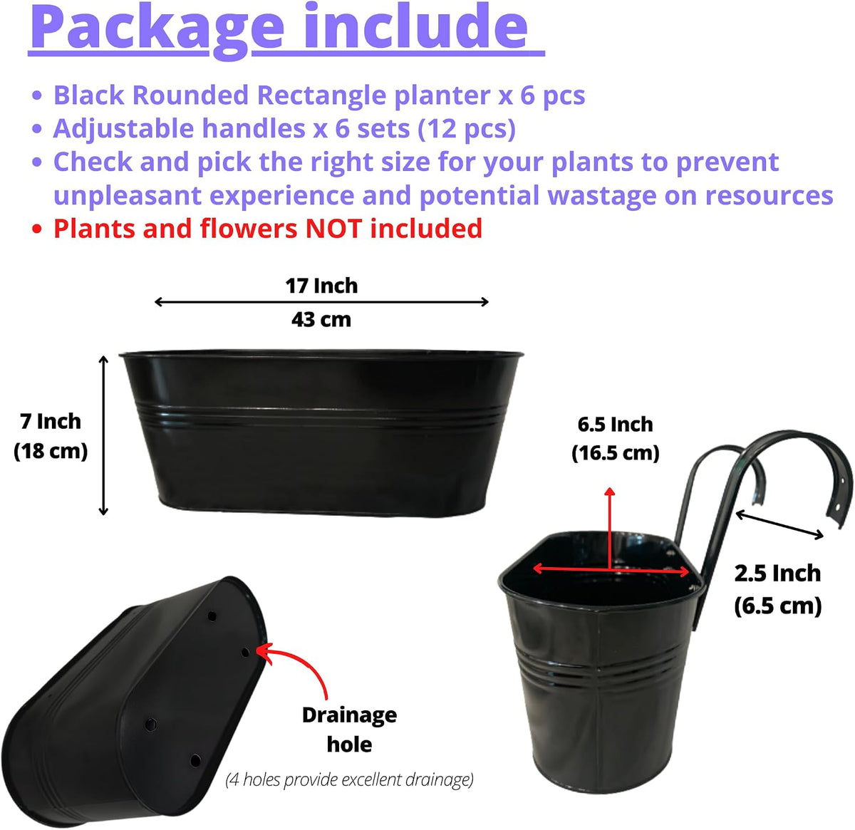LaLaGreen Outdoor Rail Planter (17 in, 6 Pack) Black Metal Deck Fence Pots
