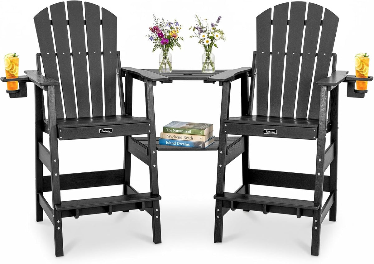 FUNBERRY Tall Adirondack Chair Set of 2 with Tables, High Top Balcony Chair