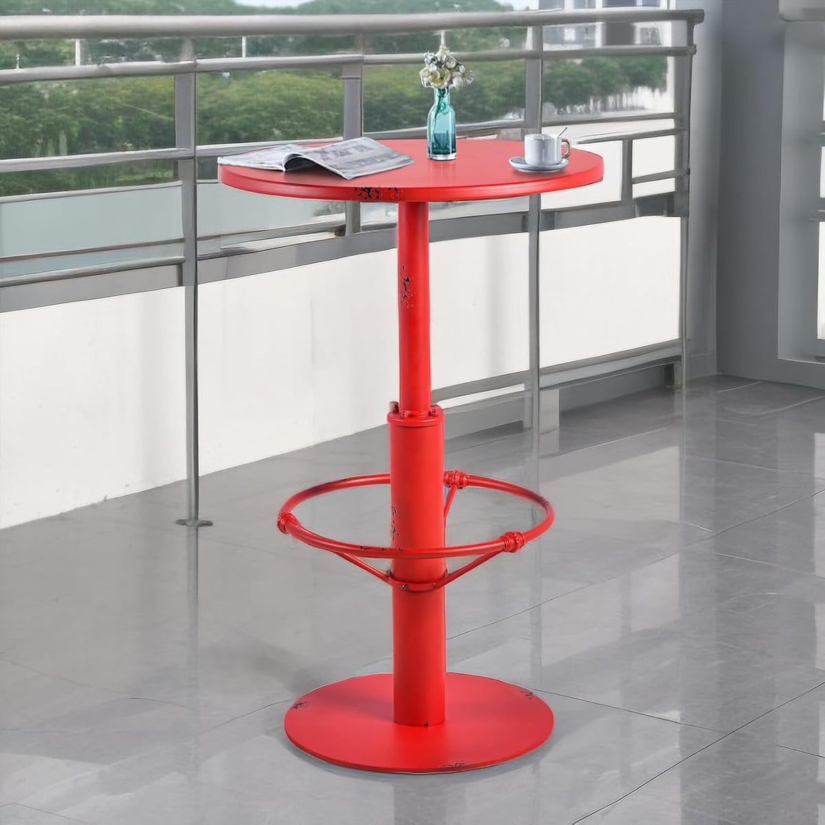 Industrial Pub Table 23.6" Iron Round Desktop 37.4" Height Cast Iron Bar Table Antique Red