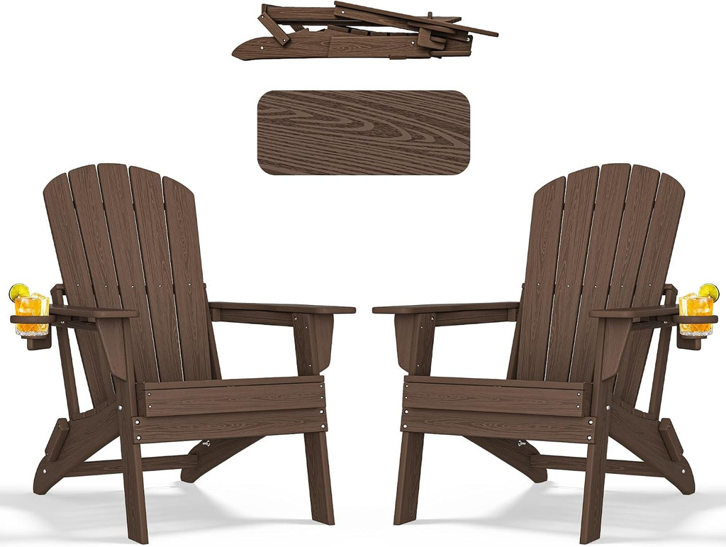 nevilywood Folding Adirondack Chairs Set of 2, HDPE Cup Holders, Coffee