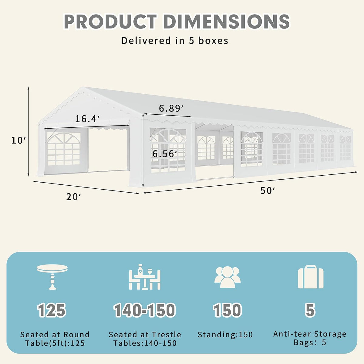 EROMMY 20x50FT White Party Tent, Heavy Duty Outdoor Event Canopy with Removable Sidewalls, Roll-Up Doors and Storage Bags, Large Gazebo Shelter for Weddings, Commercial and Backyard Use