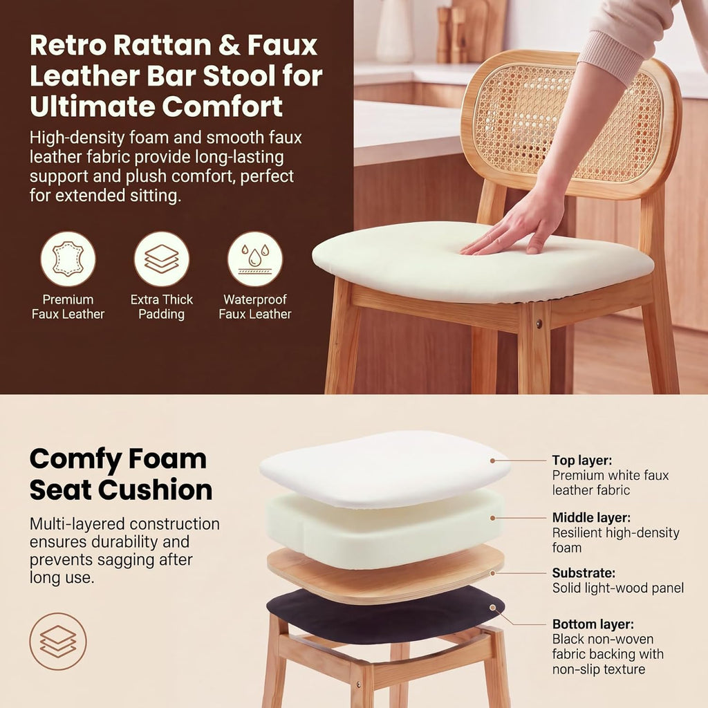EALSON Rattan Counter Height Bar Stools Set of 3 Modern Farmhouse Barstools with Cane Backs 26 Inch Wood Counter Stool Breakfast Upholstered Bar Chairs for Kitchen Island, Leather White