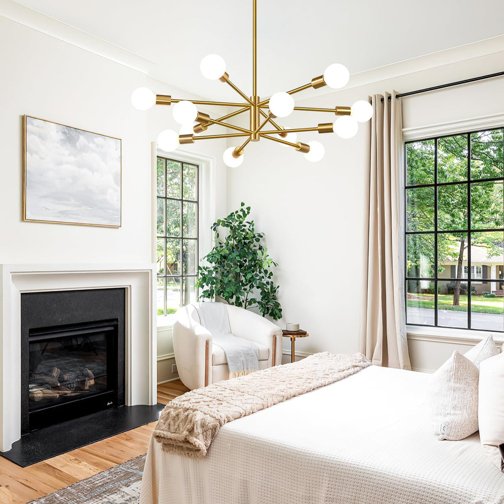 11"-52" Height Adjustable Modern Chandelier Ceiling Light Fixture, 12-Light Sputnik Chandeliers Brushed Gold Mid Century Chandelier Over Table, Chandeliers for Dining Room Living (Bulbs Not Included)