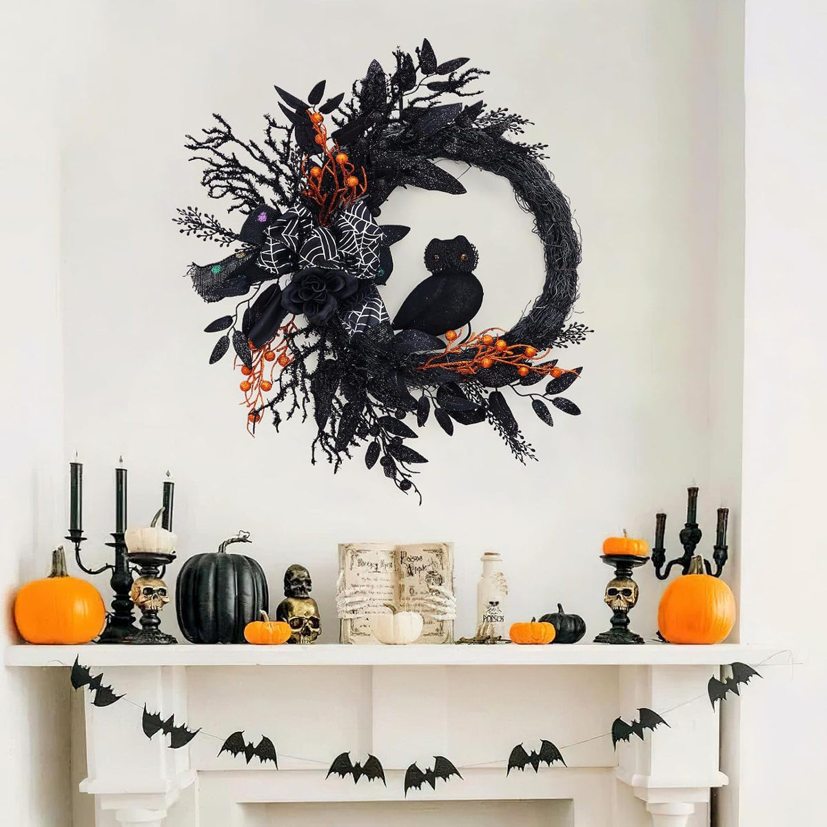 20 in Halloween Owl Wreath, Halloween Garland with Natural Vines and Black Artificial Roses for Door Porch Wall, Outdoor or Indoor Party Home Decor