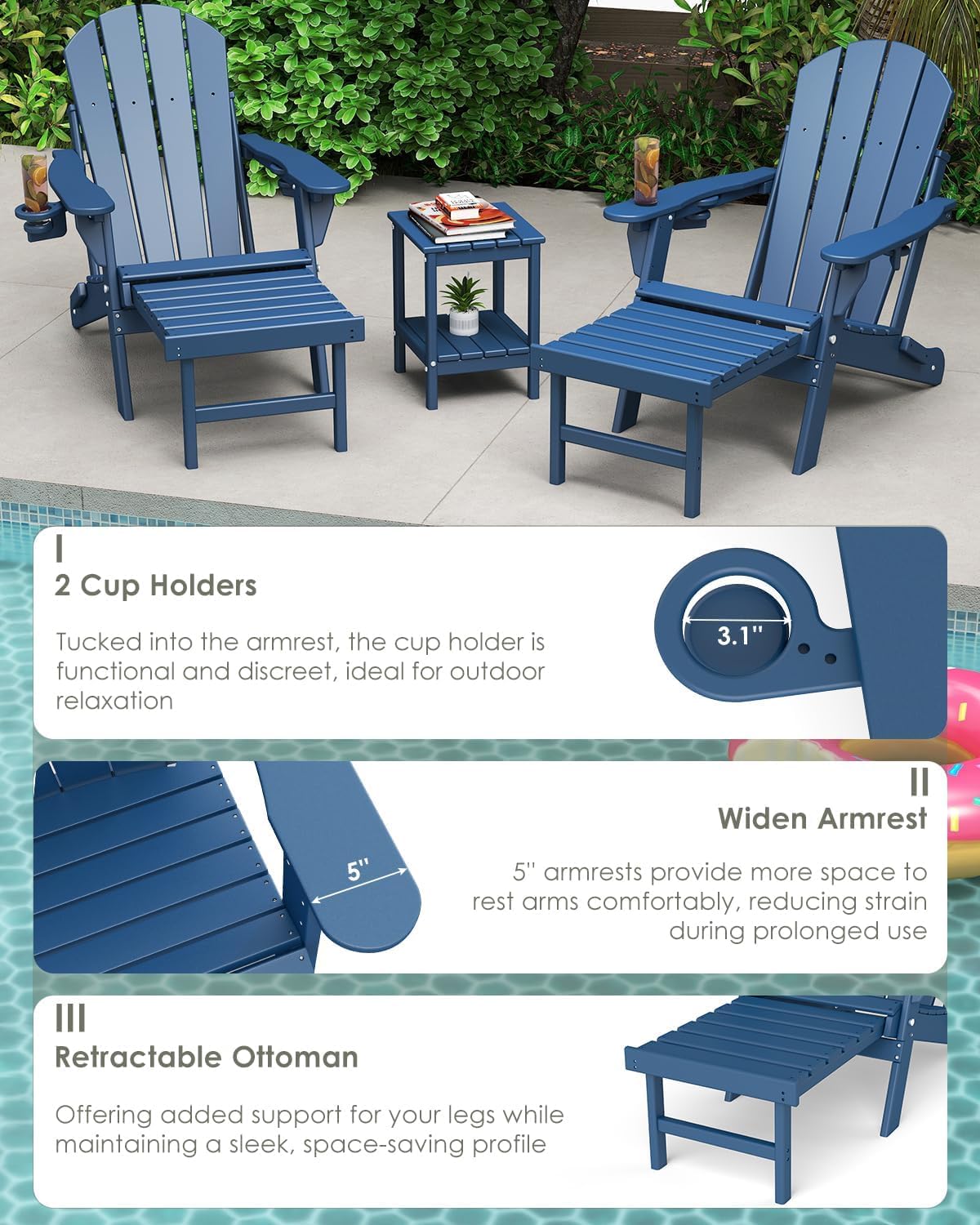 GREENVINES Adjustable Adirondack-Chairs-with-Ottoman Set of 4, HDPE, Blue