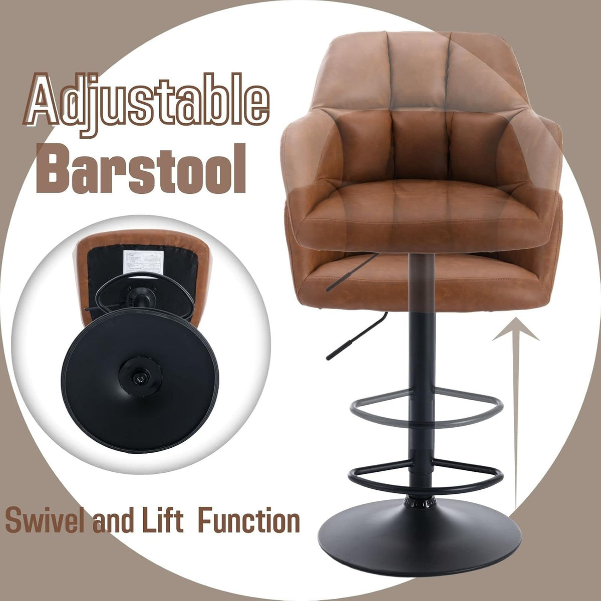 ROCITY Swivel Bar Stools Set of 6 Leather Kitchen Counter Stool Chair Upholstered Island Chairs Adjustable Barstool with Back, Brown Bar Stools