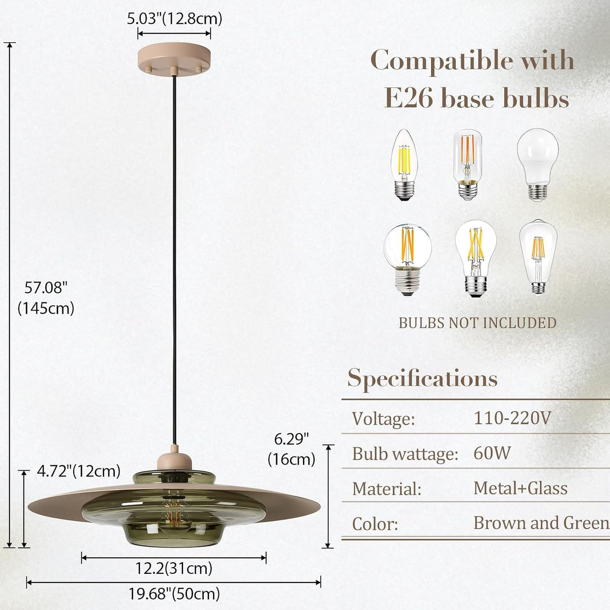 TeHenoo Modern Pendant Light, Light Brown Shade, Deep Green Glass