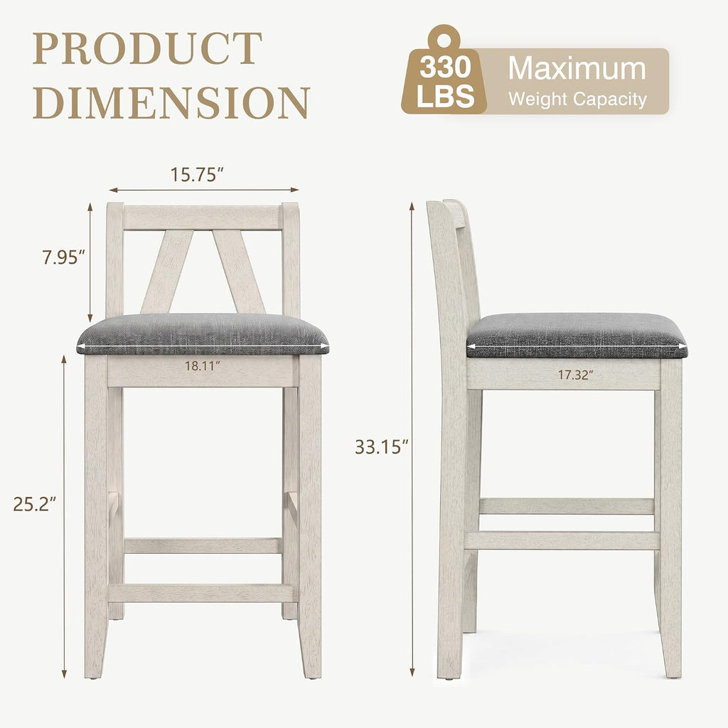 VECELO Counter Height Bar Stools Set of 2, 25" Solid Wood Barstools with Upholstered Cushioned Seat, Farmhouse High Top Chairs for Kitchen Island, Grey