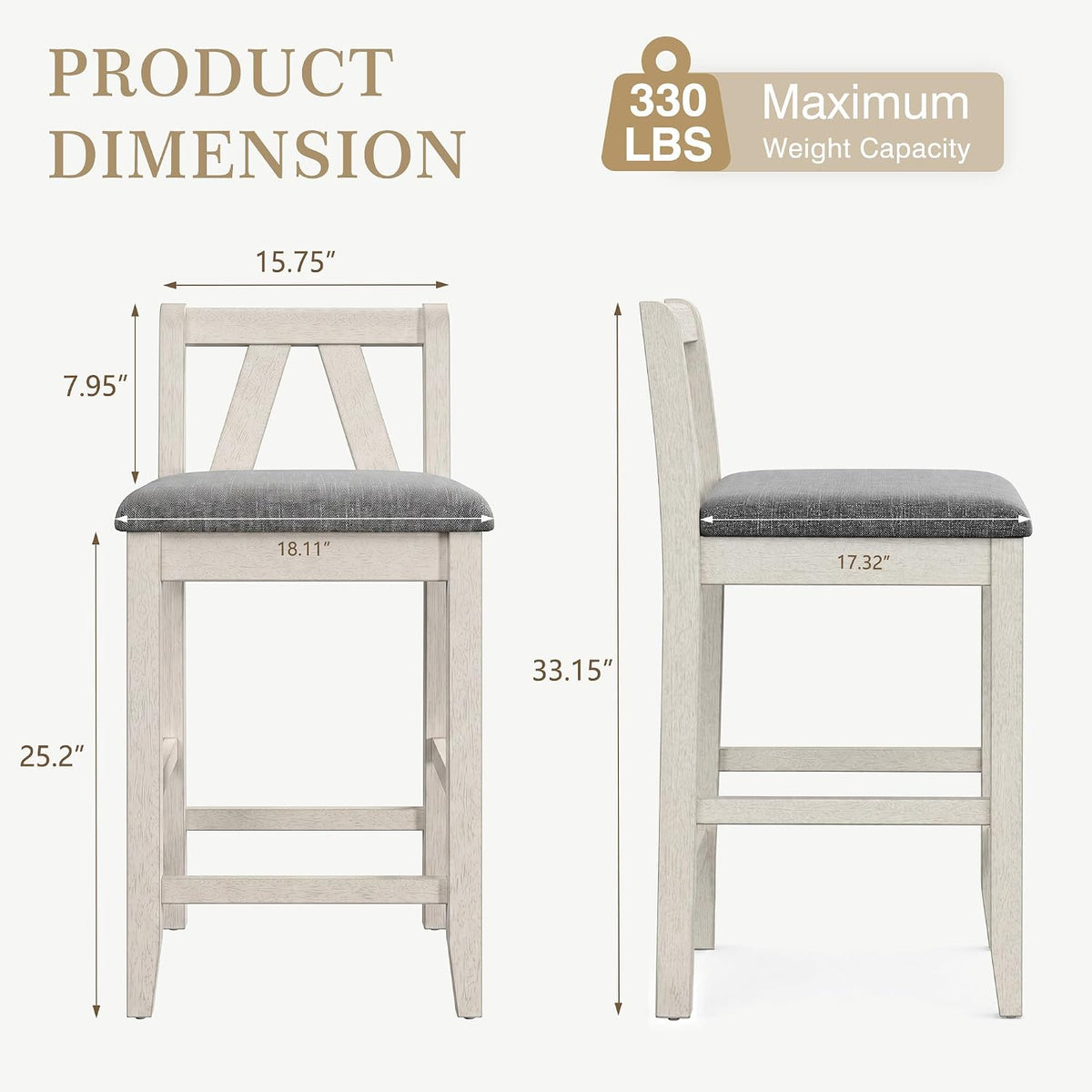 VECELO Counter Height Bar Stools Set of 2, 25" Solid Wood Barstools with Upholstered Cushioned Seat, Farmhouse High Top Chairs for Kitchen Island, Grey