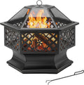 Panovue 28 Inch Hexagonal Fire Pit with Spark Screen&Fire Poker Black
